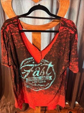 Buckle tee Fast & Furious Motors Red and Black deep V-Neck  Top distressed XL